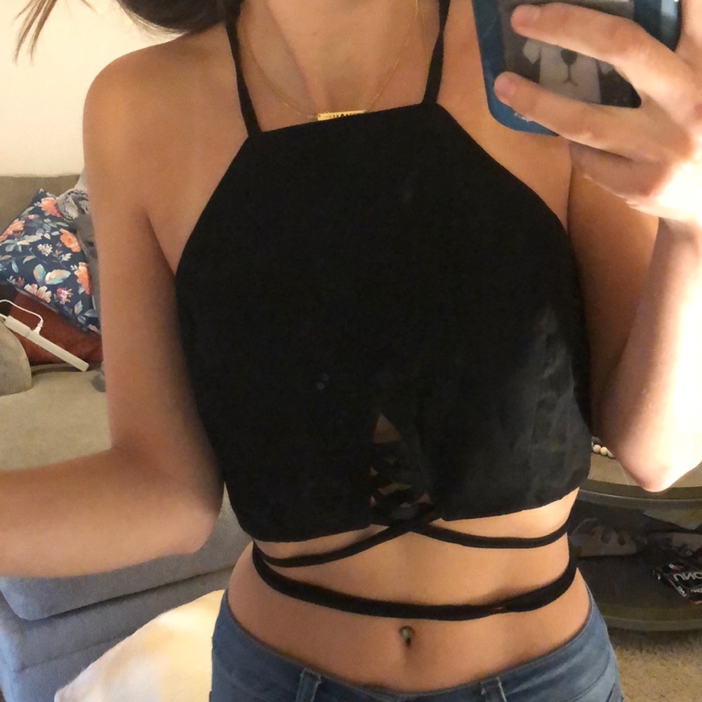 Black crop top with lace around strings